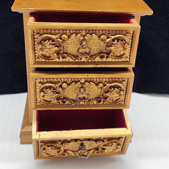 Wooden Musical Jewelry Box Onate Carved Drawers VTG 9.25" High by Royal Sealy - Picture 1 of 12
